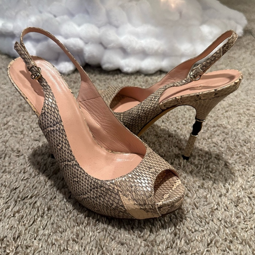 Gucci Snakeskin Peep-Toe Slingback Sandals with Bamboo Style Stiletto Heel